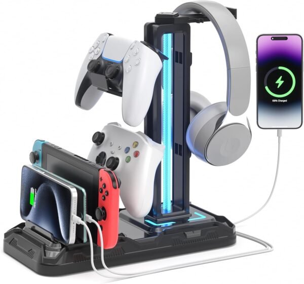 Headset Stand with Charging Station – Detachable Controller Holder with 9 Light Modes
