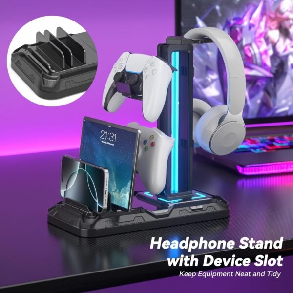 Headset Stand with Charging Station – Detachable Controller Holder with 9 Light Modes - Image 2