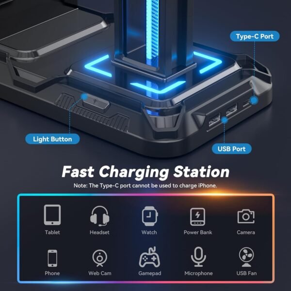 Headset Stand with Charging Station – Detachable Controller Holder with 9 Light Modes - Image 3