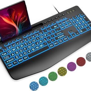 Large Print Backlit USB Keyboard with Wrist Rest and Phone Holder