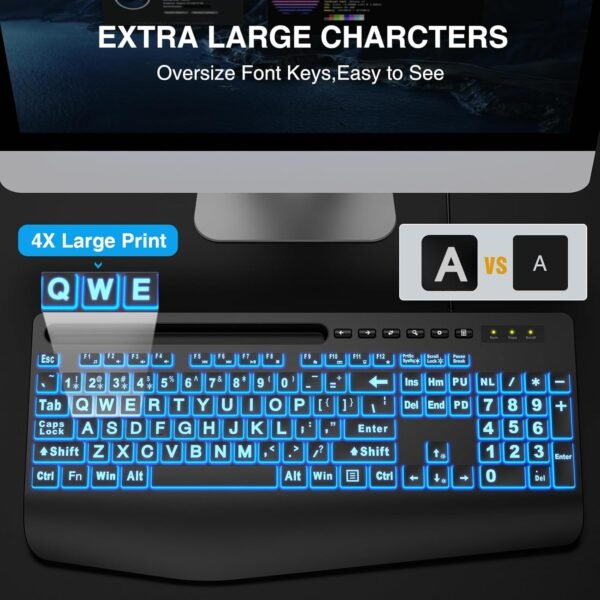 Large Print Backlit USB Keyboard with Wrist Rest and Phone Holder - Image 2