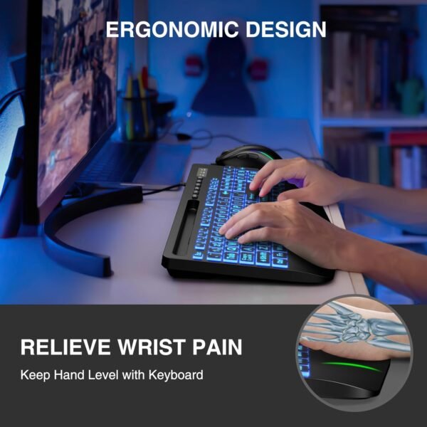 Large Print Backlit USB Keyboard with Wrist Rest and Phone Holder - Image 3