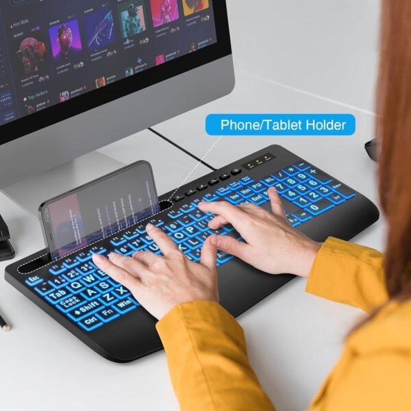 Large Print Backlit USB Keyboard with Wrist Rest and Phone Holder - Image 5
