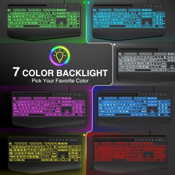 Large Print Backlit USB Keyboard with Wrist Rest and Phone Holder - Image 6
